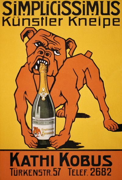 Vintage juliste bulldogista puree samppanjapulloa (juliste) 作： Thomas Theodor Heine