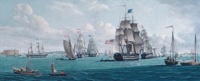 U.S. Ship Franklin, with a View of the Bay of New York, 1820s or 1830s. 作： Thomas Thompson