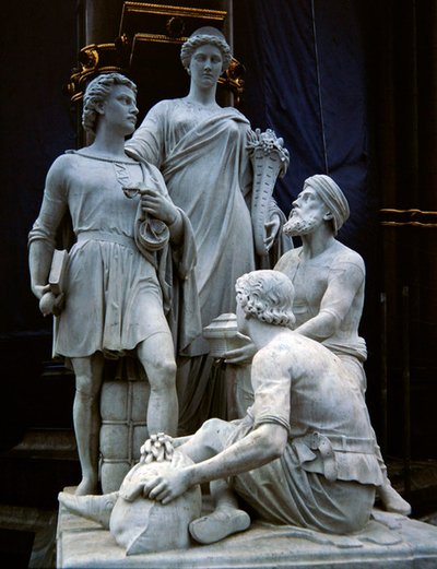1876年に完成したアルバート記念館の彫刻群「商業」（花崗岩） 作： Thomas Thornycroft