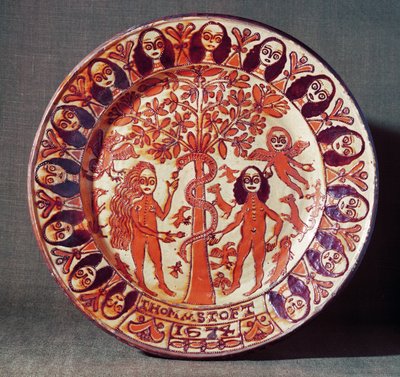アダムとイブのスリップウェア料理、ノーススタッフォードシャー、1674年 作： Thomas Toft