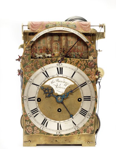 ジョージ3世の緑と金色の日本製オートマトン卓上時計の詳細。1780年頃の市長のパレード（木、真ちゅう、漆）を描いています（491785-7も参照）。 作： Thomas Wagstaff or Wagstaffe