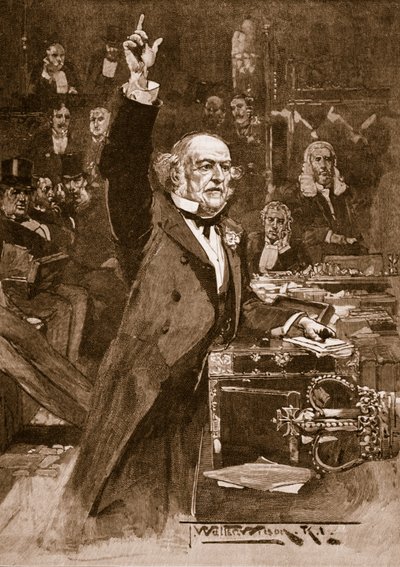 ホームルール法案の紹介：グラッドストン氏、1886年の「キャッセルの図解されたイギリスの歴史」のイラスト（セピア写真） 作： Thomas Walter Wilson