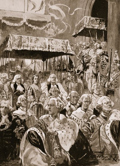 ジョージ3世とシャーロット女王の戴冠式のウェストミンスターホールからの行列、1761年9月22日、 &39;The Illustrated London News&39;、1902年 作： Thomas Walter Wilson