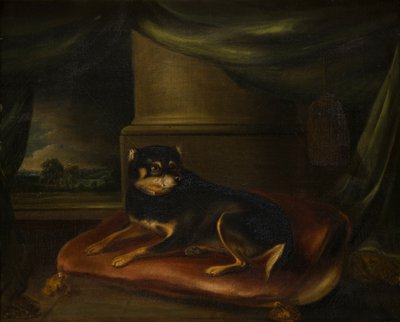 赤いクッションのお気に入りのテリア、c.1794-1843（キャンバスに油彩） 作： Thomas Weaver
