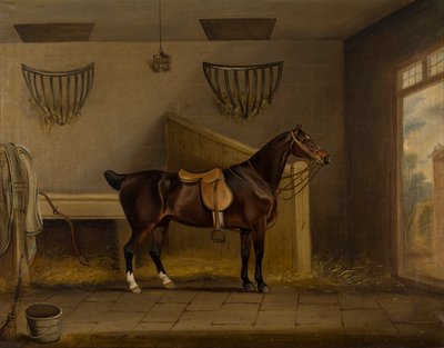厩舎で鞍を付けたベイハンター、1819年頃（キャンバスに油彩） 作： Thomas Weaver