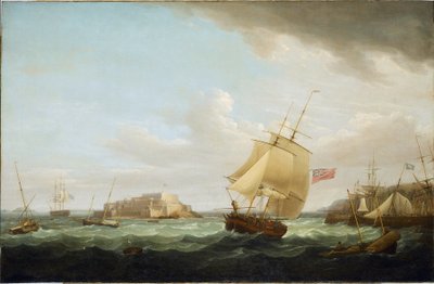 イギリス、ガーンジー島のコルネ城沖に浮かぶ商船とその他の船。キャンバスに油彩、1796年頃、トーマス・ウィットコム（1763-1825）作。 作： Thomas Whitcombe
