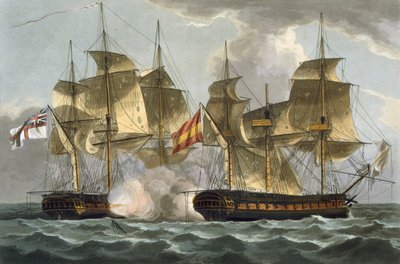 1796年10月13日、マホネサの捕獲、J。ジェンキンスの「海軍の功績」のためにトーマスサザーランドによって彫刻された、1816年（カラー彫刻） 作： Thomas Whitcombe