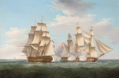 1799年10月16日、1800年、フィニステレ岬沖でスペインのフリゲート艦テティスと戦っているHMSエタリオン 作： Thomas Whitcombe