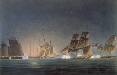 1820年に出版されたJ.ラルフによる「イギリスの海軍の年代学」のためにJ.ベイリーによって彫刻された4人のフランスの民間人を雇うHMSリナルド 作： Thomas Whitcombe