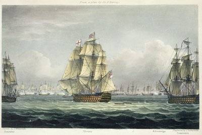 1805年10月21日、トラファルガーの戦いで、エウリュアルスとHMSテメレールが隣接するフランス線を航行するHMSビクトリー。 作： Thomas Whitcombe
