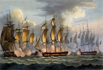 トーマスサザーランドによって刻まれたジェームスジェンキンスによる「イギリスの海軍功績」からの1795年5月17日のラプレヴォヤンテとラレゾンの捕獲 作： Thomas Whitcombe
