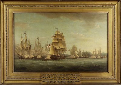 HMSスパルタン号とフランスのフリゲート艦：戦闘開始、1810年5月3日、ナポリ湾（イタリア）。油彩・キャンバス 作： Thomas Whitcombe