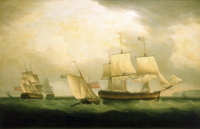 1795年に進水したカッター「メリーアン」と、1805年にホレイショ・ネルソン艦隊（1758年～1805年）に所属し、その後ガーンジー島（イギリス）で活躍したHMS「シルフ」。 作： Thomas Whitcombe