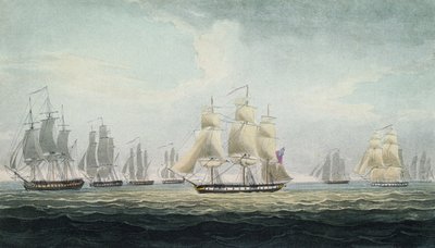 10月5日、スペインのカディス沖でスペインの財宝艦隊を拿捕したイギリス海軍の4隻のフリゲート艦からなる艦隊司令官、サー・グラハム・ムーア（1764-1843）の海軍作戦。 作： Thomas Whitcombe