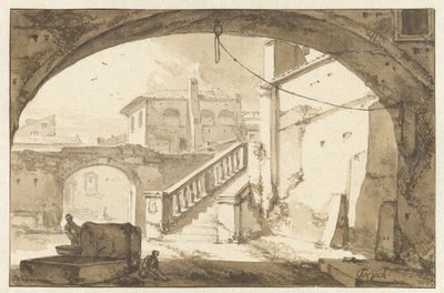 イタリアの中庭のアーチを通して見る 作： Thomas Wijck