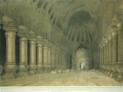 サルセット島の発掘されたヒンドゥー寺院の内部、「Oriental Scenery:1800年に出版された「Oriental Scenery: Twenty Four Views in Hindoostan」のプレート63（カラーリトグラフ）。 作： Thomas und William Daniell