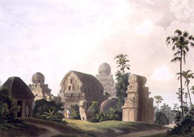 コロマンデル海岸のマヴァリプラムの彫刻された岩、「東洋の風景」パブのパート3のプレートI。1799年（アクアチント） 作： Thomas und William Daniell