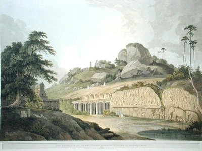 マヴァリプラムの発掘されたヒンドゥー教寺院の入り口、「Oriental Scenery」のプレート53。1797年に出版された「Oriental Scenery: Twenty Four Views in Hindoostan」のプレート53（カラーリトグラフ）。 作： Thomas und William Daniell