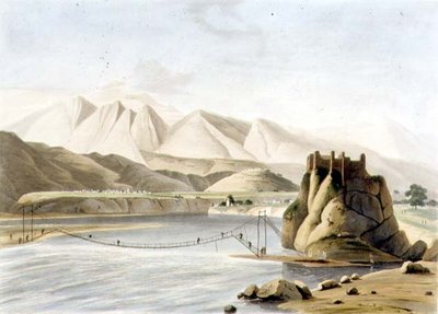 The Rope Bridge at Sirinagur（シリナグルのロープ・ブリッジ）、『Oriental Scenery（東洋の風景）』の第6部からプレートXXIII。1805年（アクアチント）。 作： Thomas und William Daniell