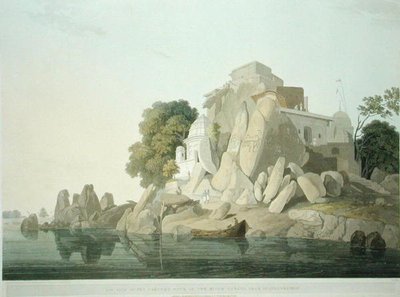 スルタウンウンゲ近くのガンジス川にあるフェイクアス・ロックの南西方向の眺め、「Oriental Scenery:1800年に出版された「Oriental Scenery: Twenty Four Views in Hindoostan」のプレート61（カラーリトグラフ）。 作： Thomas und William Daniell