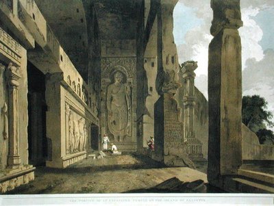 サルセット島の発掘された寺院のポルティコ（「Oriental Scenery:1799年に出版された「Oriental Scenery: Twenty Four Views in Hindoostan」のプレート55（カラーリトグラフ）（195050参照 作： Thomas und William Daniell