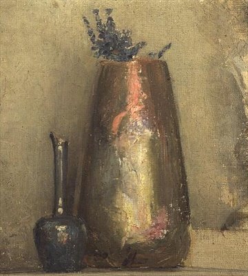 棚に置かれた2つの花瓶の静物画 作： Thomas William Roberts