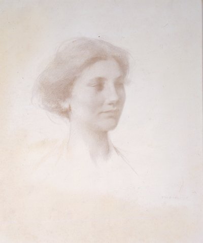 少女の頭、1909年頃（準備された白いマットボード上のシルバーポイント） 作： Thomas Wilmer Dewing