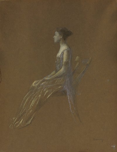 黄色のドレスを着た着席の女性（紙にパステル） 作： Thomas Wilmer Dewing