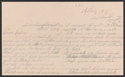 1915 年 4 月 7 日のトーマス ウォマックからジュリア ウォマックへの封筒付きの手紙。 作： Thomas Womack
