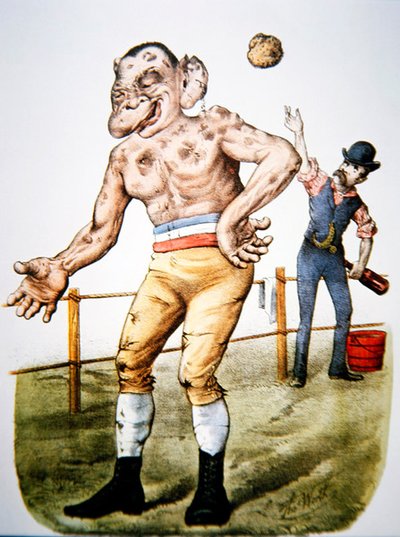 The Loser」または「Throwing-in the sponge」、1883年にCurrier & Ives社から出版された賞金稼ぎの漫画（カラーリトグラフ版） 作： Thomas Worth