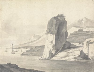 防波堤、高い崖、砦のある海岸の風景 (イタリア語) 作： Thomas Wyck
