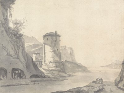 左岸に丸い塔がある岩の多い沿岸入江（イタリア語？）の村 作： Thomas Wyck