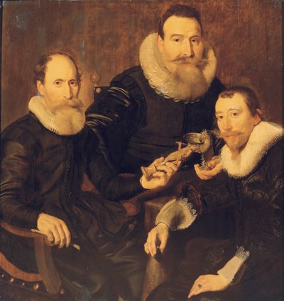 3人の紳士のグループポートレート、4分の3の長さ、レースの襟付きの黒い衣装を着た、1635 作： Thomas de Keyser
