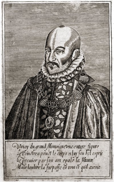 フランスの作家、ミシェル・ド・モンテーニュ（1533-1592）の肖像。Thomas de Leu（1560年-1612年）によるエングレーヴィング。(1560-1612). 作： Thomas de Leu