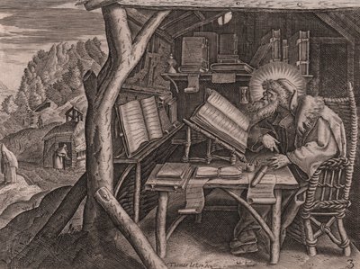 勉強に没頭する聖エバグリウス・ポンティコス Thomas de Lieu（1560-1612）のエッチングとビュラン 作： Thomas de Leu
