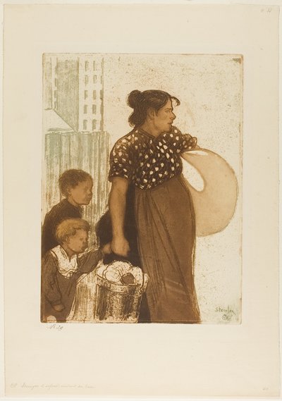洗濯屋から戻った主婦と子供たち 作： Théophile Alexandre Pierre Steinlen