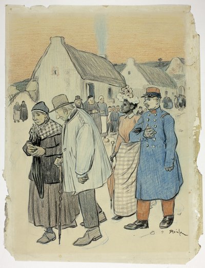 二組のカップルのいる街の風景 作： Théophile Alexandre Pierre Steinlen