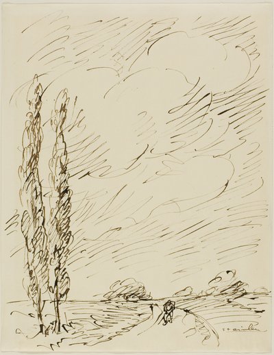 ポプラの木が2本ある道を歩く 作： Théophile Alexandre Pierre Steinlen