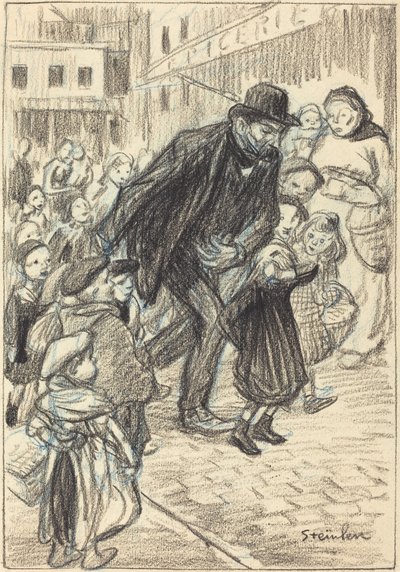 子供たちに囲まれた街の通りの男 (Un Père) 作： Théophile Alexandre Steinlen