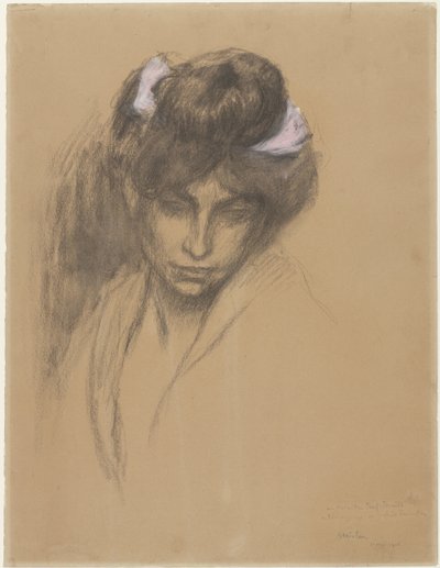 紫のリボンを髪に巻いた暗い少女の頭が下を向いている 作： Théophile Alexandre Steinlen