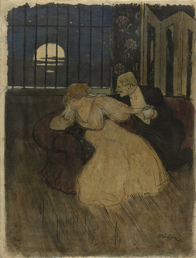 スカートをはいた紳士がソファで疑いを持った女性を説得しようとする 作： Théophile Alexandre Steinlen