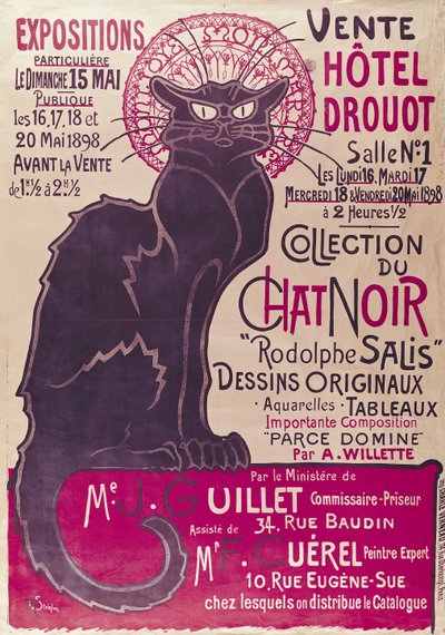 1898年5月、パリのHotel Drouotでの「Collection du Chat Noir」キャバレーの展示の広告ポスター 作： Théophile Alexandre Steinlen