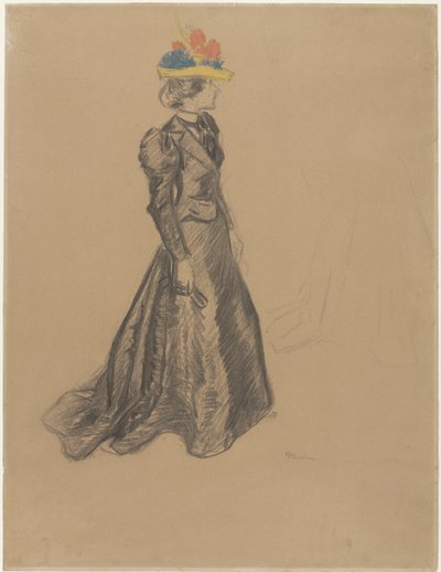 黒のトレーンを纏った立ち姿の女性と、夏の花をあしらった色付きの麦わら帽子 作： Théophile Alexandre Steinlen