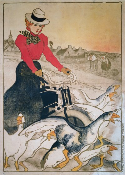 電動のベロシペードに乗った女性とガチョウの群れ 作： Théophile Alexandre Steinlen