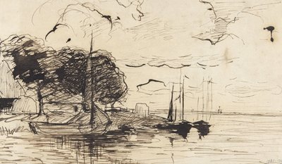 納屋と帆船のある銀行 作： Théophile de Bock (possibly)
