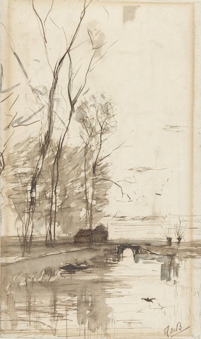 背の高い木々、小さな農場、橋のある運河の眺め 作： Théophile de Bock (possibly)