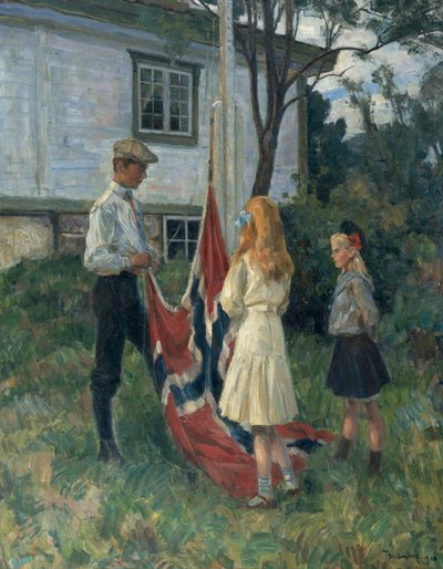 子供たちがノルウェー国旗を掲げる 作： Thorolf Holmboe