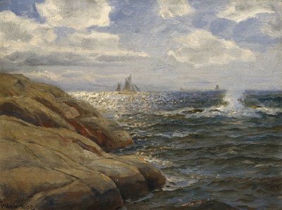 帆船のある海岸の風景（絵画） 作： Thorolf Holmboe