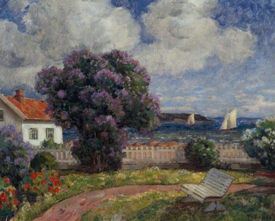 咲くライラックの茂みのある海岸の風景（キャンバスに油彩） 作： Thorolf Holmboe