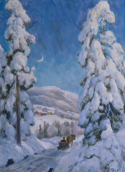 冬の風景の馬とそり（キャンバスに油彩） 作： Thorolf Holmboe